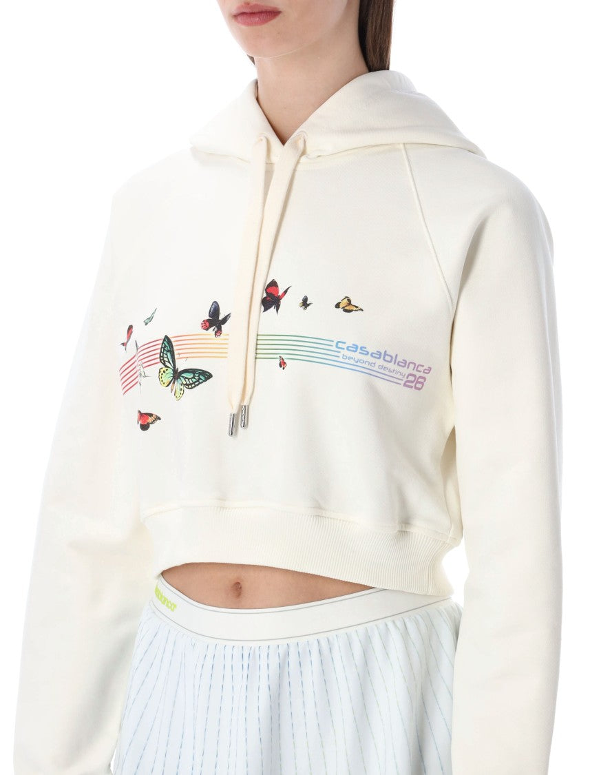 Casablanca Butterfly Cropped Cotton Hooded Sweatshirt