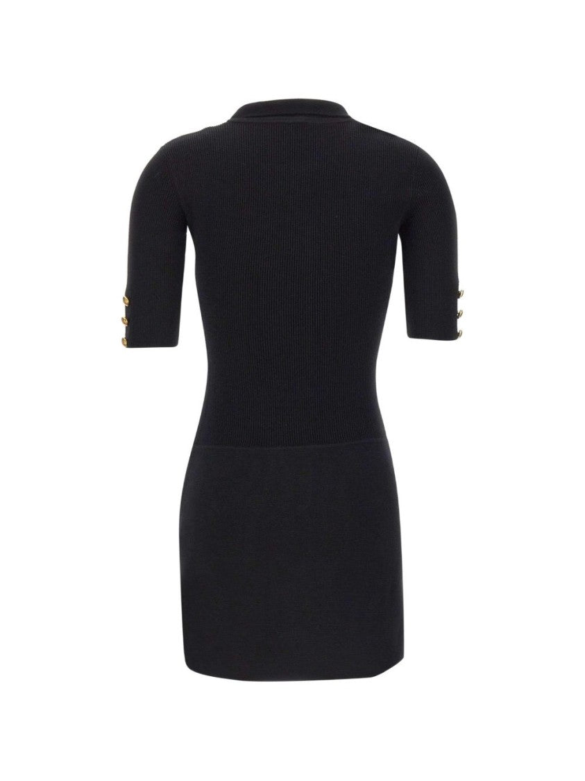 Elisabetta Franchi Black Fitted Mini Ribbed Gold Dress