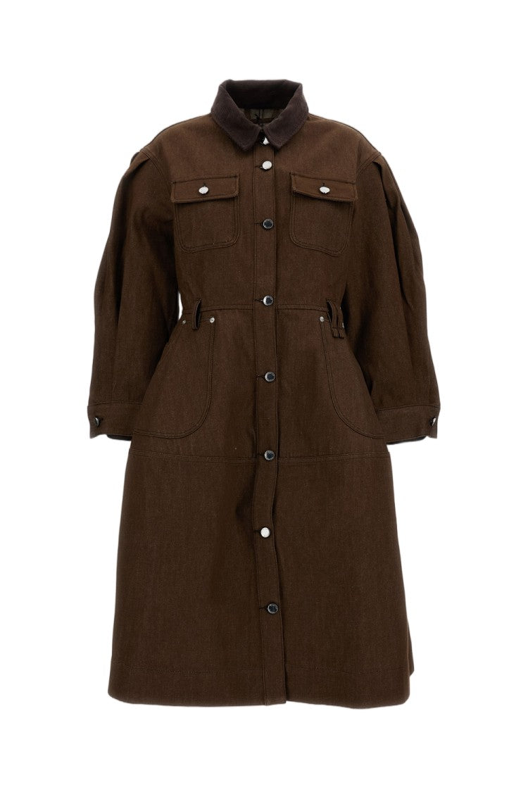 Simone Rocha Brown Utility Pocket Hip Bustle Cotton Canvas Midi Dress