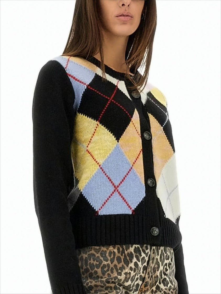 Ganni Button-Up Cardigan With Pastel Argyle Pattern And Ribbed Cuffs