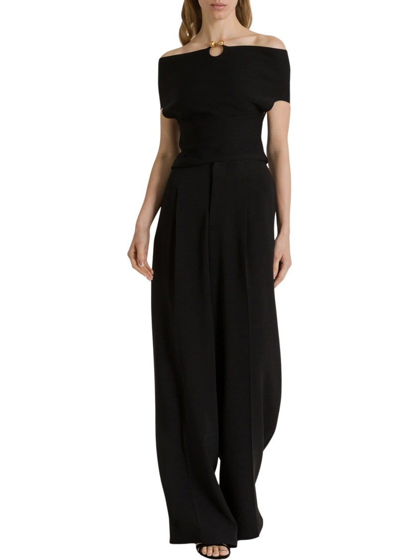 Alberta Ferretti Black Knit Sweater With Off-The-Shoulder Neckline And Gold Accent Buttons