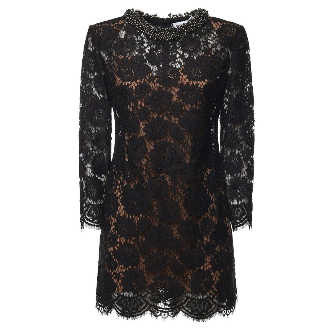 Self-Portrait Floral Lace Overlay Beaded Collar Mini Dress