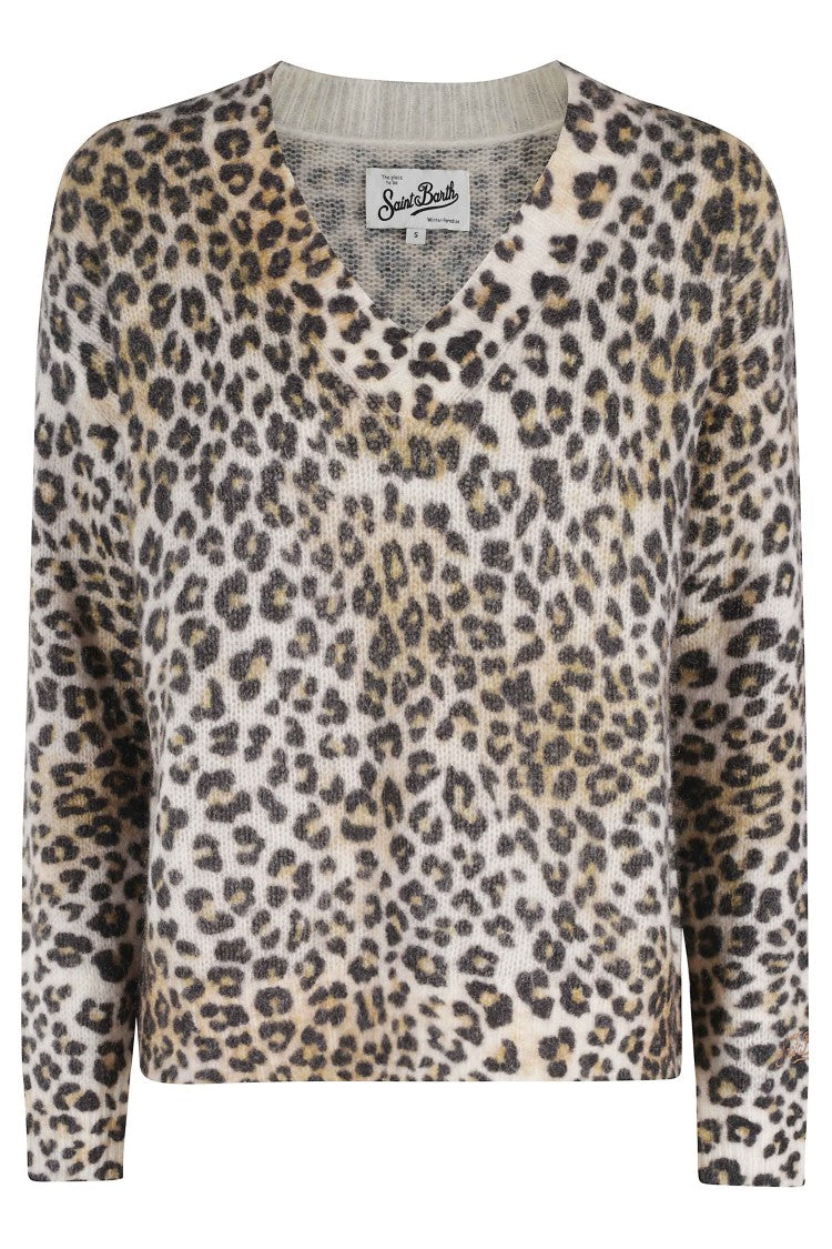 Mc2 Saint Barth Boxy V-Neck Sweater With Leopard Print Design
