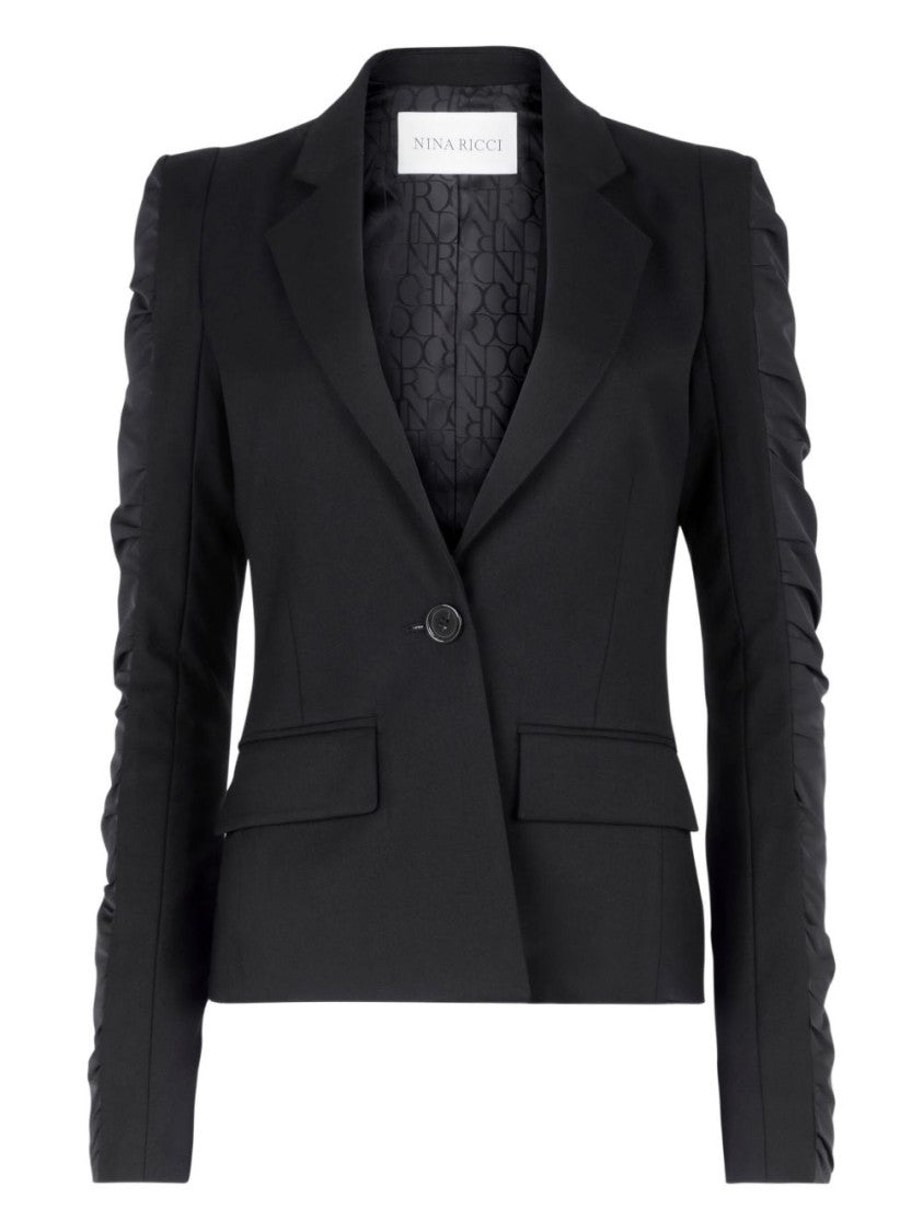 Nina Ricci Black Wool Ruffled Sleeve Flap Jacket