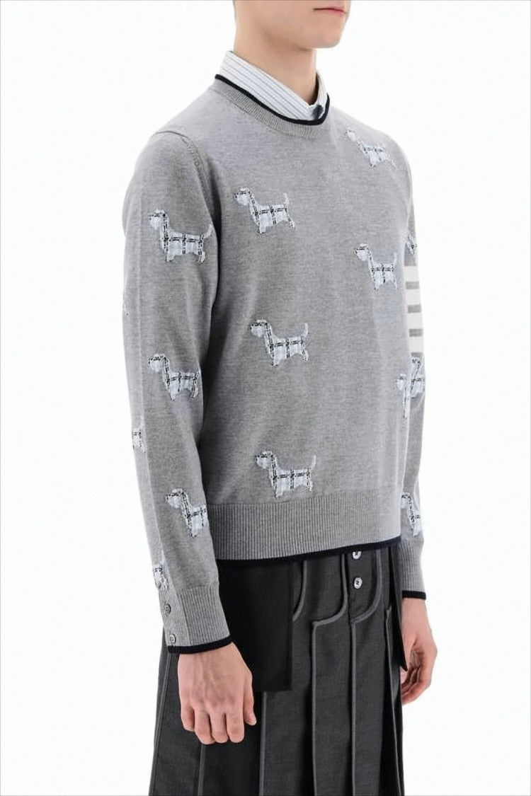 Thom Browne Grey Wool Sweater With Dog Motif And Signature Stripes