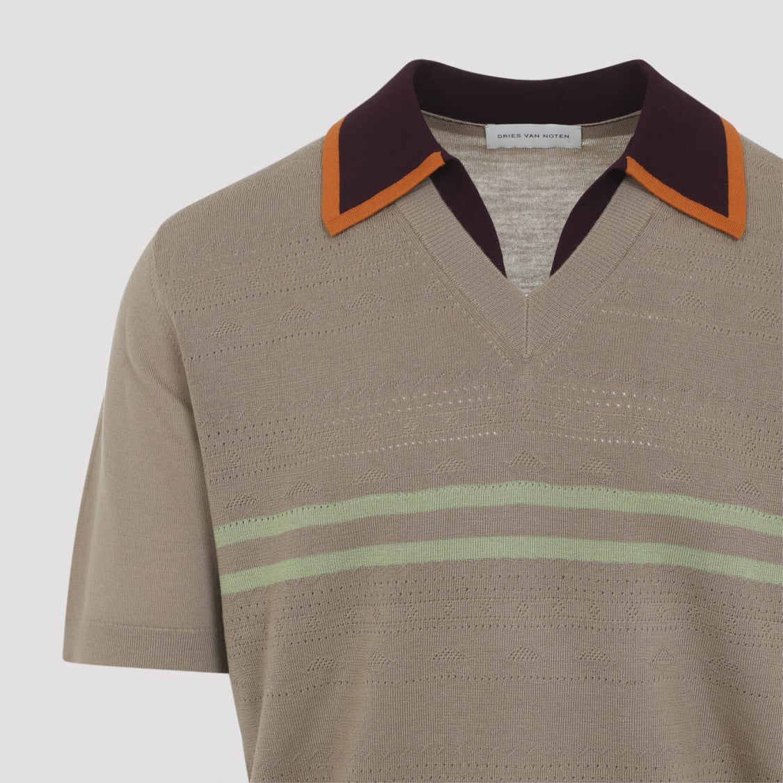 Dries Van Noten Short-Sleeve Knit Top With Contrasting Collar And Subtle Stripes