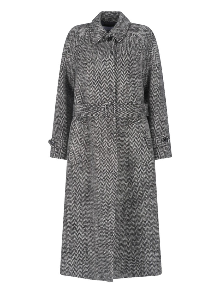 Lardini Grey Wool Herringbone Belted Coat
