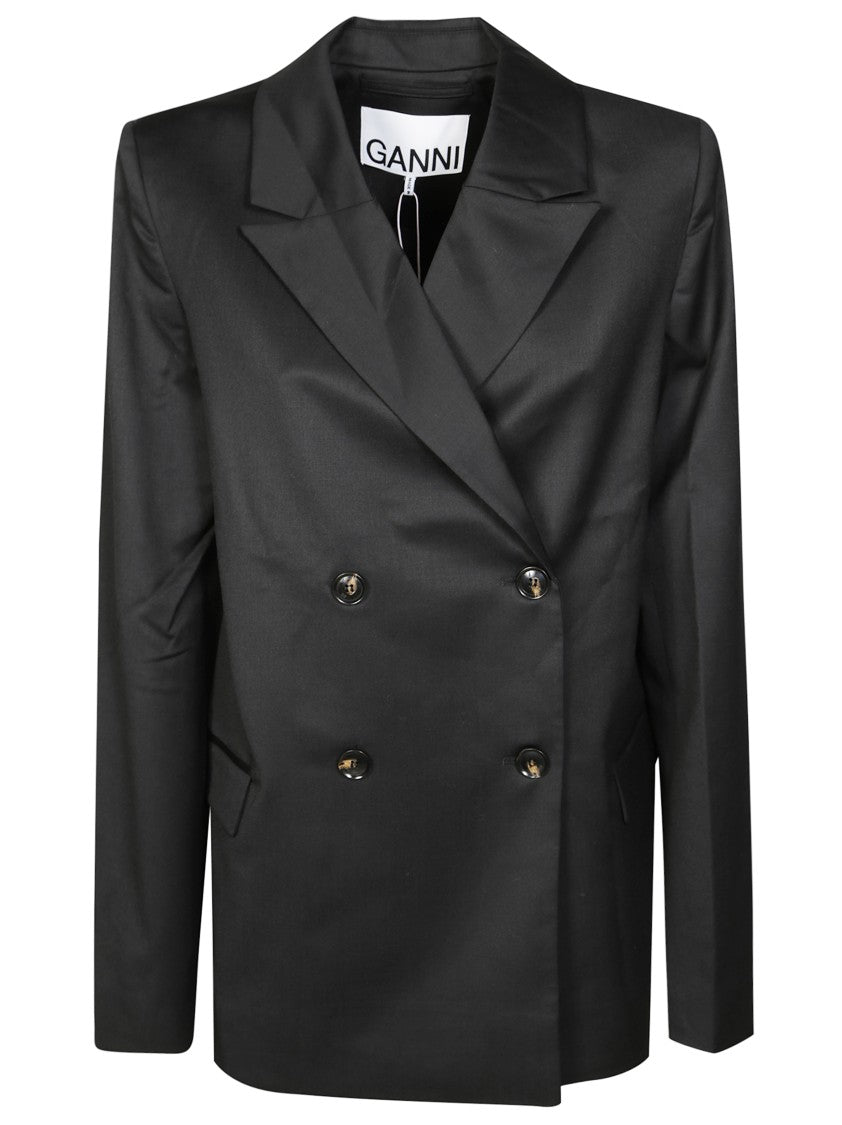 Ganni Calendered Wool Blazer With Double-Breasted Design