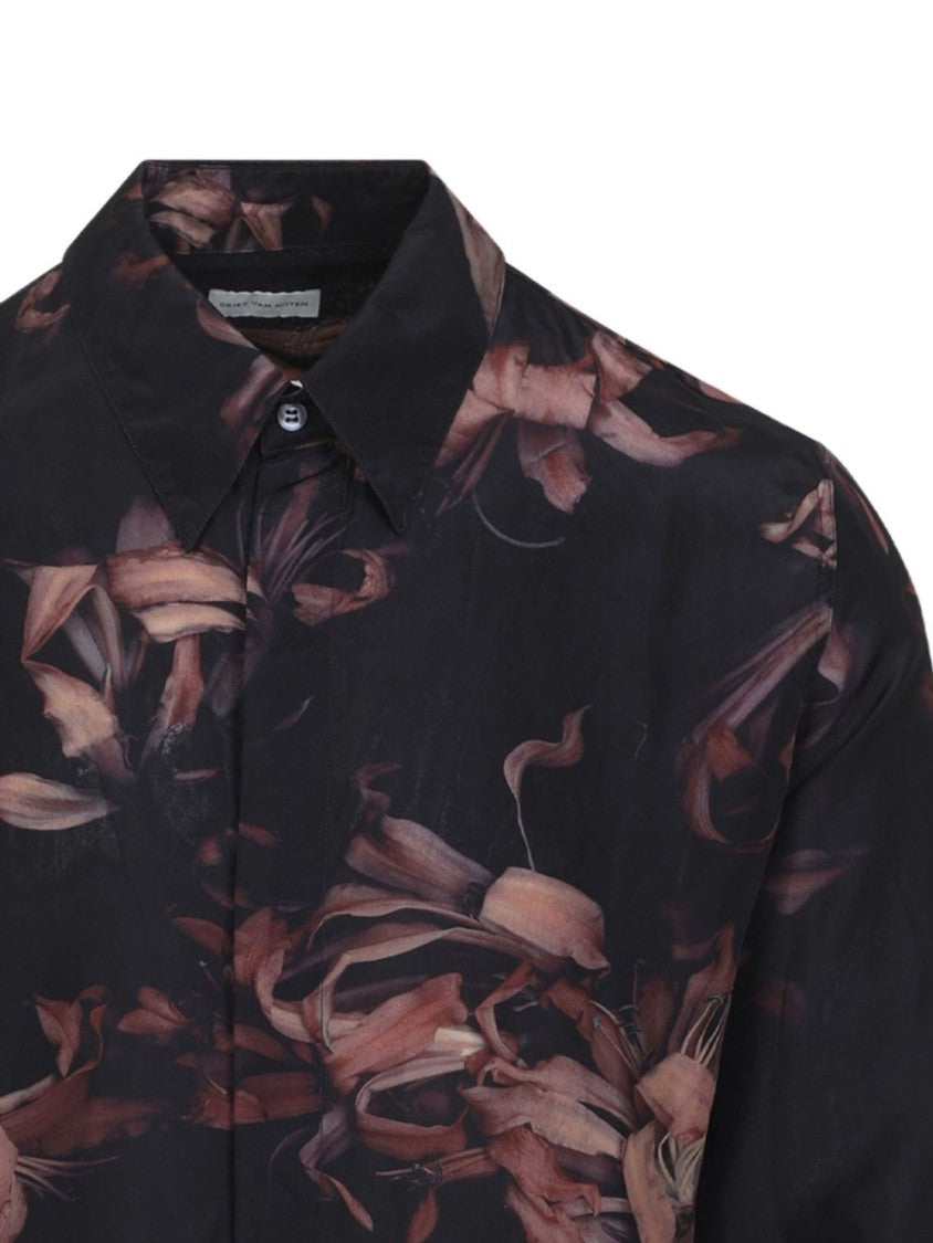 Dries Van Noten Black Silk Floral Print Button Shirt