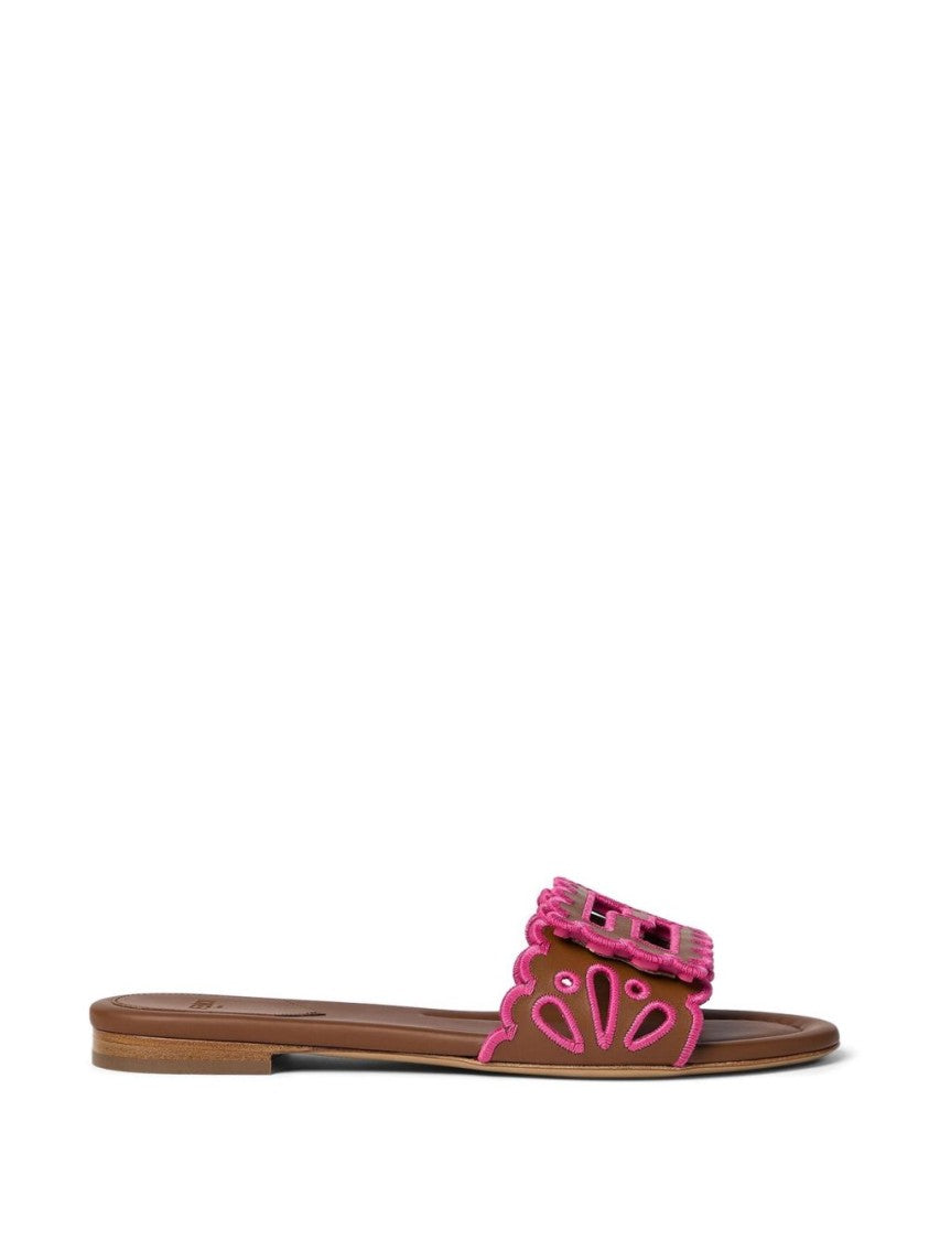 Fendi Brown Baguette Nappa Leather Scalloped Slides