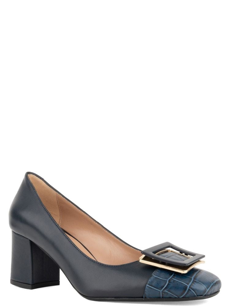 Sergio Moretti Blue Crocodile-Patterned Leather Low-Heel Pumps