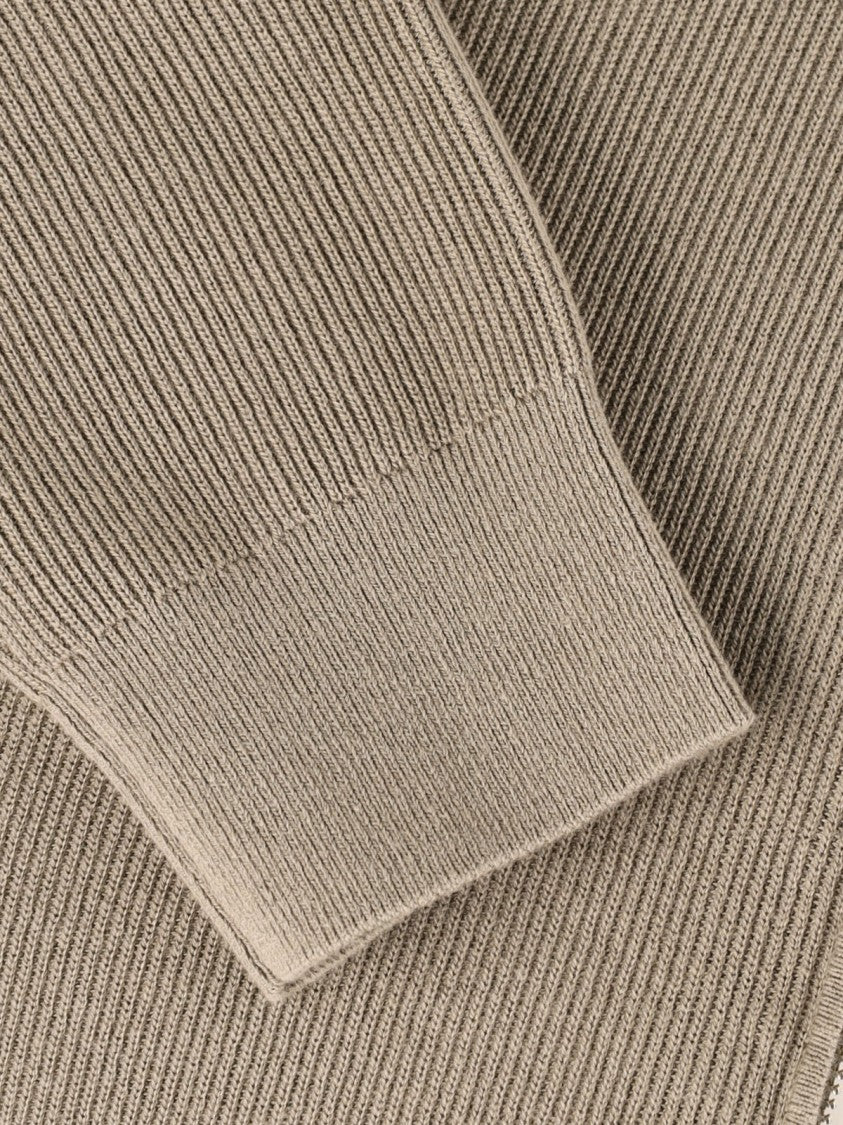 Closed Ribbed Knit Sweater With High Collar And Full Zipper Closure