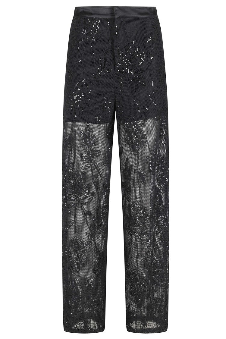 Isabelle Blanche Black Mesh Sequined Floral-Embroidered Cotton Wide-Leg Pants