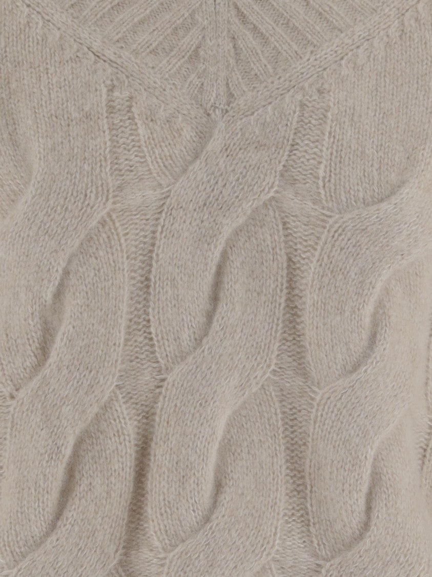 Allude Beige Cable Knit V-Neck Cashmere-Silk Sweater