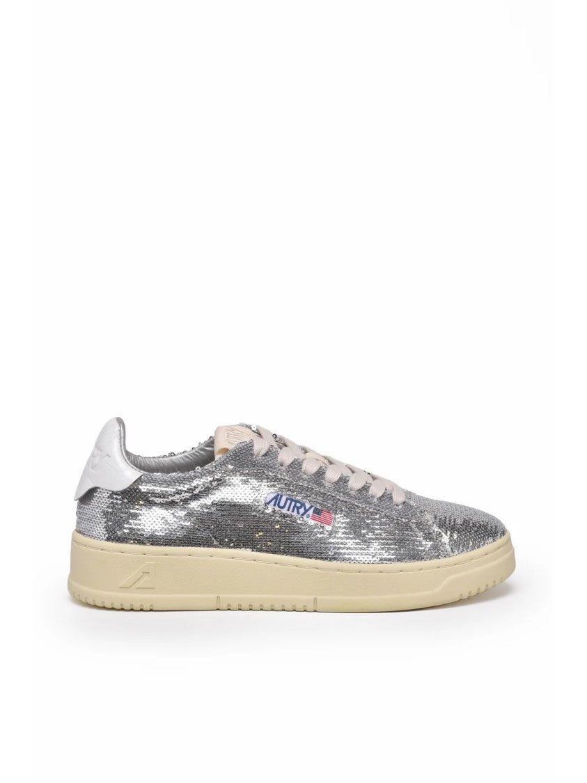 Autry Silver Sequin Leather Low-Top Sneakers
