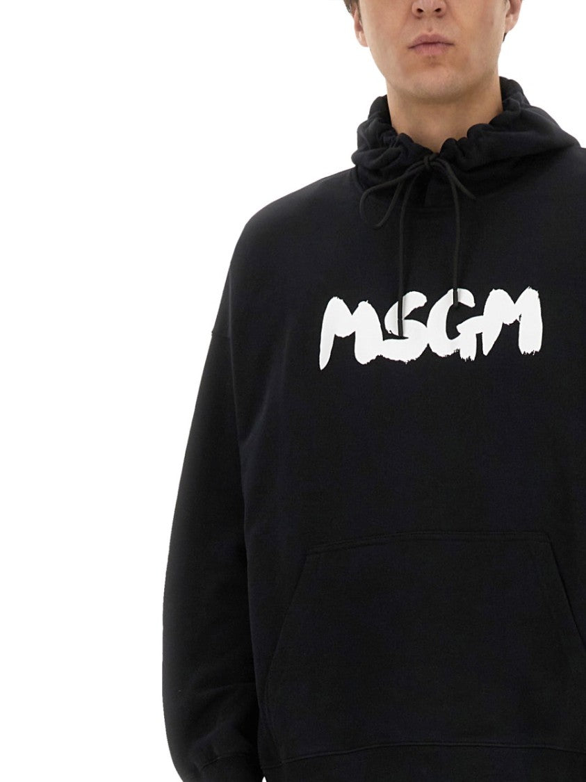 Msgm Black Hoodie With Spacious Hood And Graphic Logo