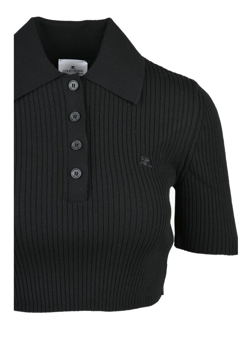 Courrèges Ribbed Short Knit Polo With Classic Collar And Embroidered Logo