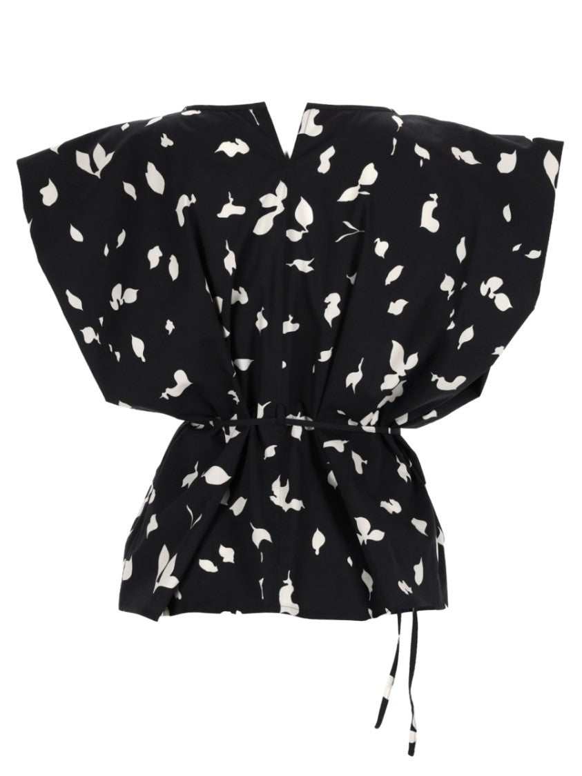Alysi Black Leaf Print Ribbon Blouse