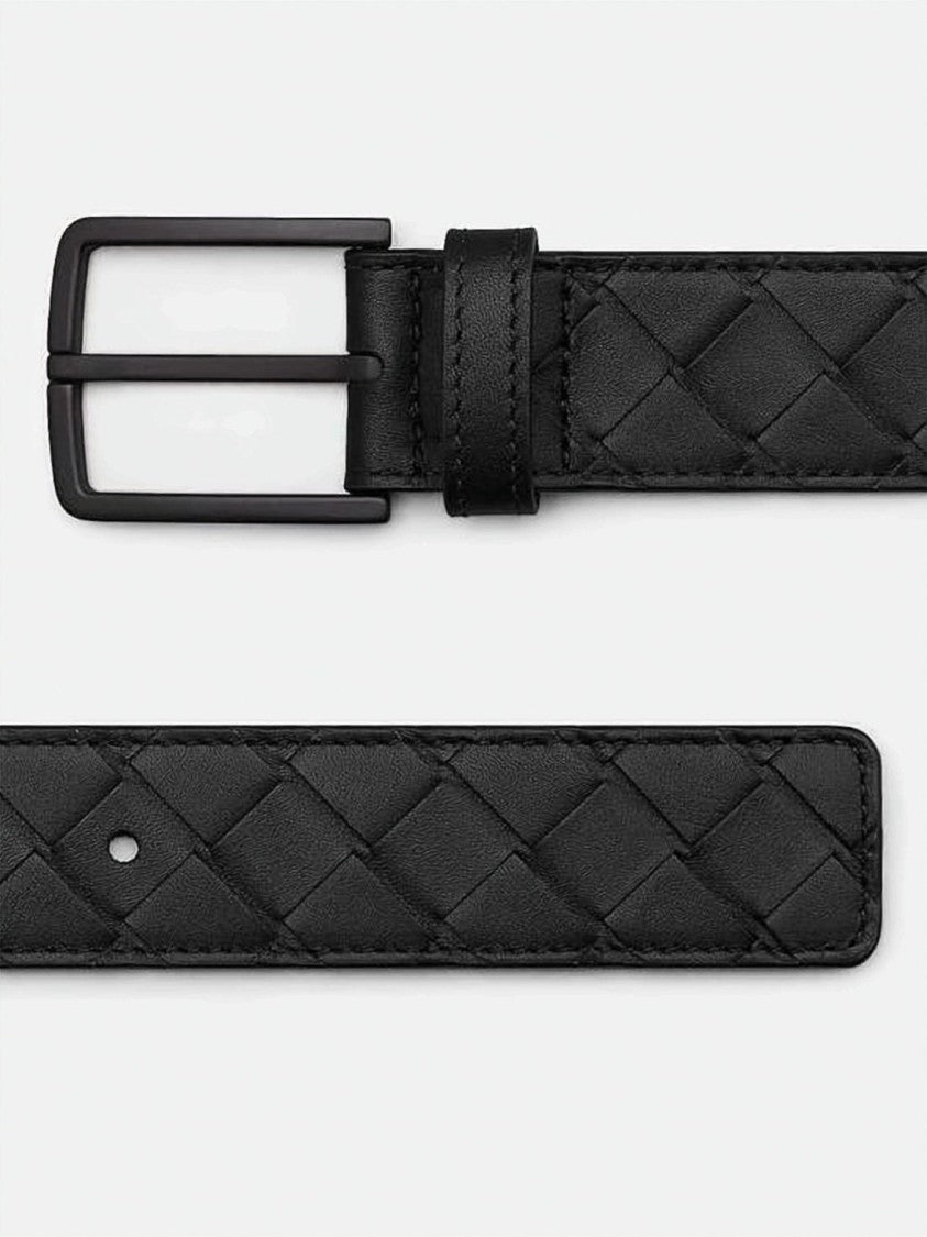 Bottega Veneta Woven Black Calf Leather Belt With Matte Buckle