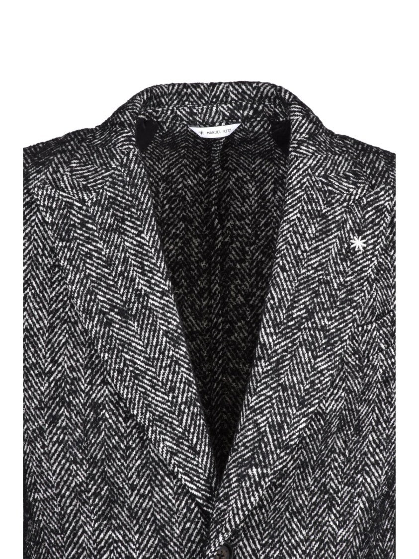 Manuel Ritz White/Black Two-Tone Herringbone Polyester-Blend Coat