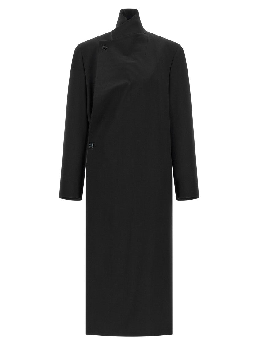 Lemaire Draped Front Long Wool Crêpe Coat With Structured Shoulders