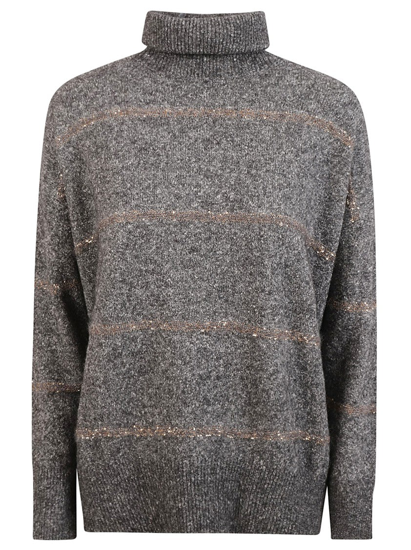 Brunello Cucinelli Textured Grey Sweater With High Neck