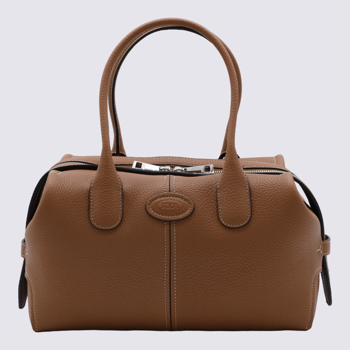 Tod's Top Handle Logo Emblem Shoulder Bag Zip Closure Leather - Brown