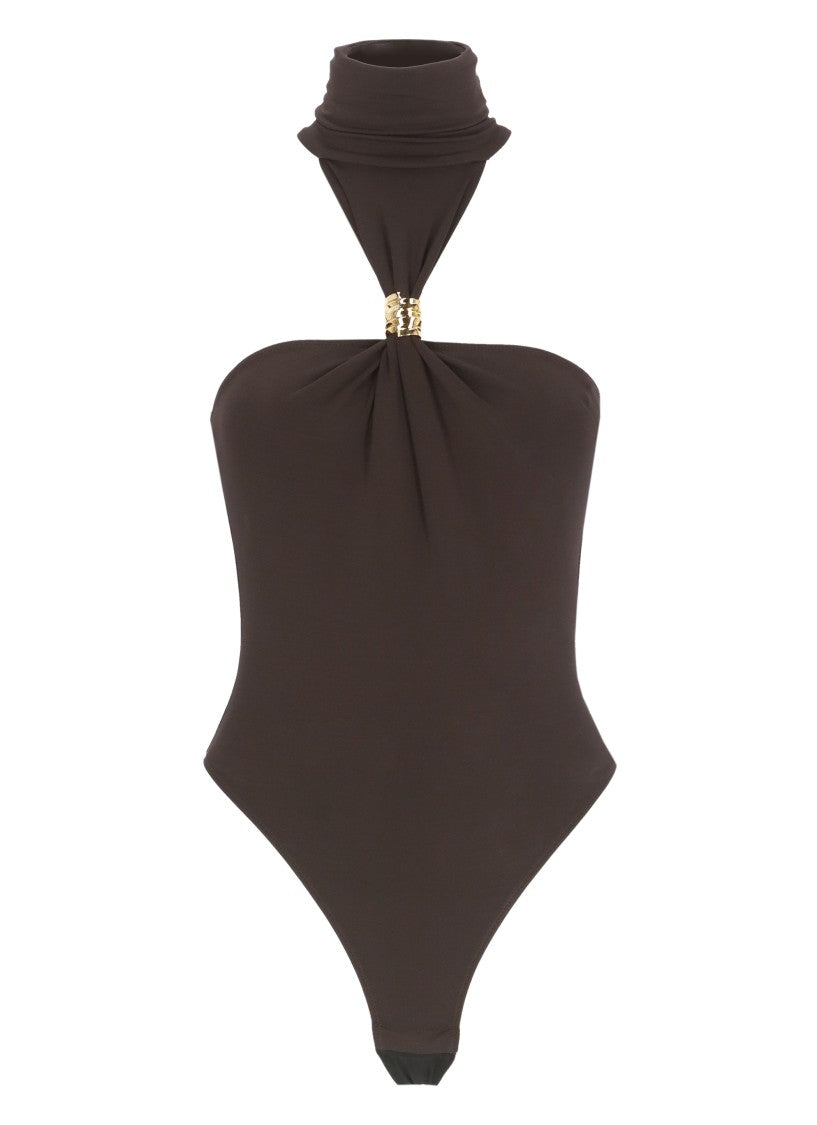 Elisabetta Franchi Brown Metal Detail Viscose Bodysuit