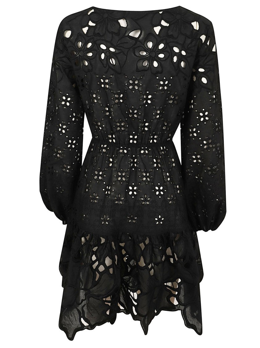 Ermanno Scervino Intricate Black Macramé Mini Dress With Elasticized Waist