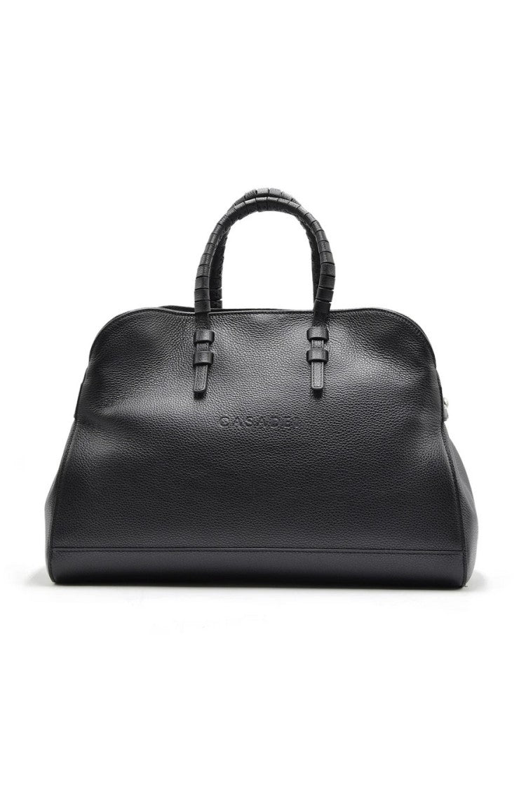 Casadei Black Embossed Logo Dual Top Handle Calf Leather Shoulder Bag