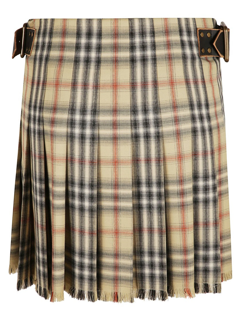 Burberry Pleated Check Skirt With Leather Buckle Closure