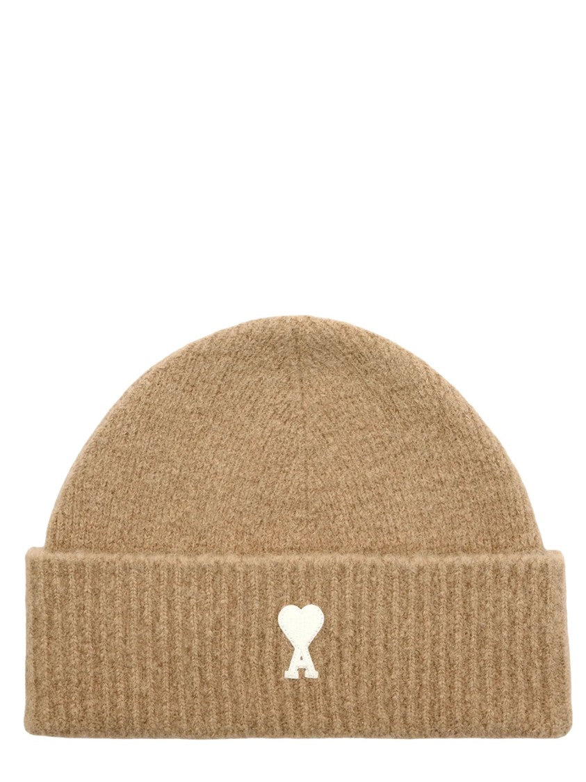 Ami Paris Beige Ami De Coeur Ribbed Wool Beanie