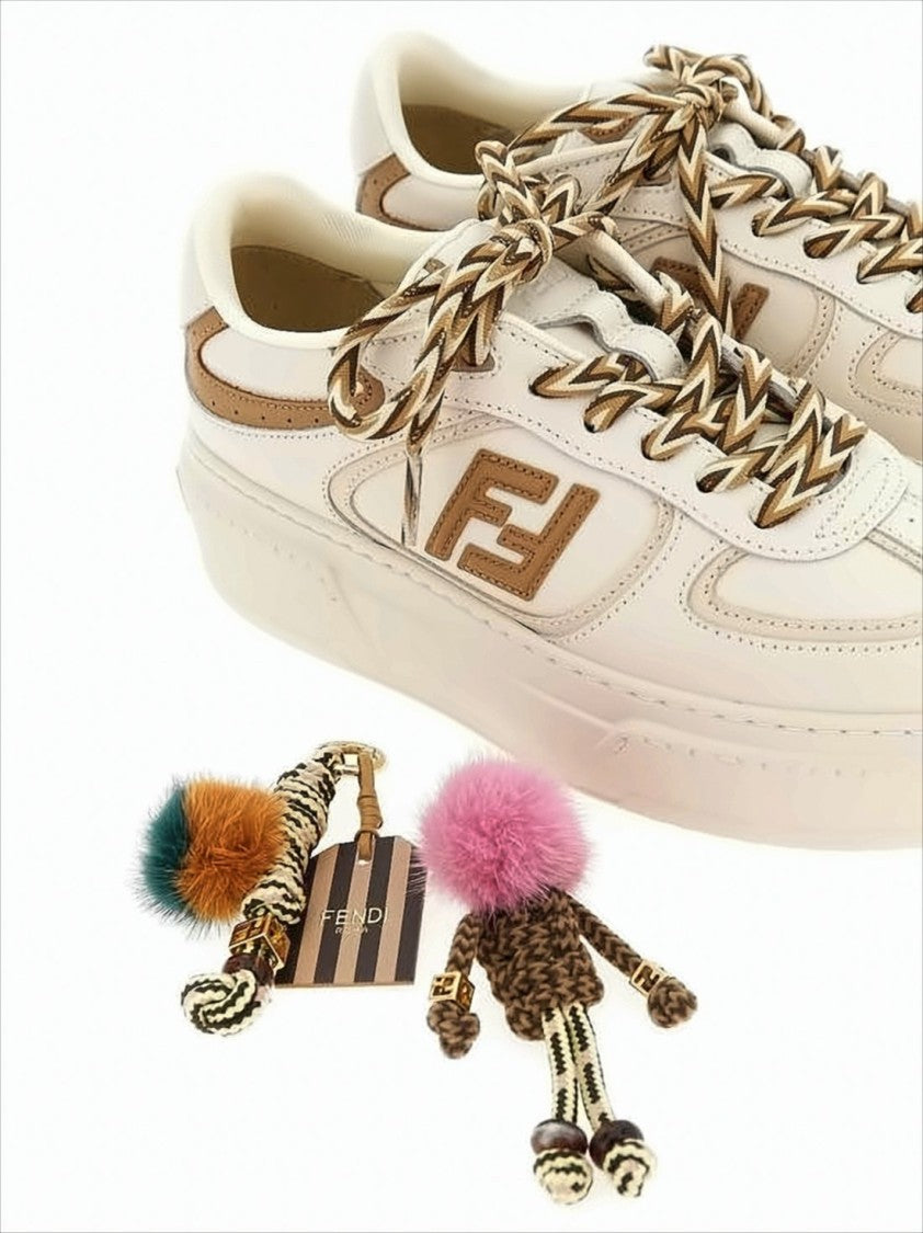 Fendi Creamy Leather Sneakers With Colorful Pom-Poms