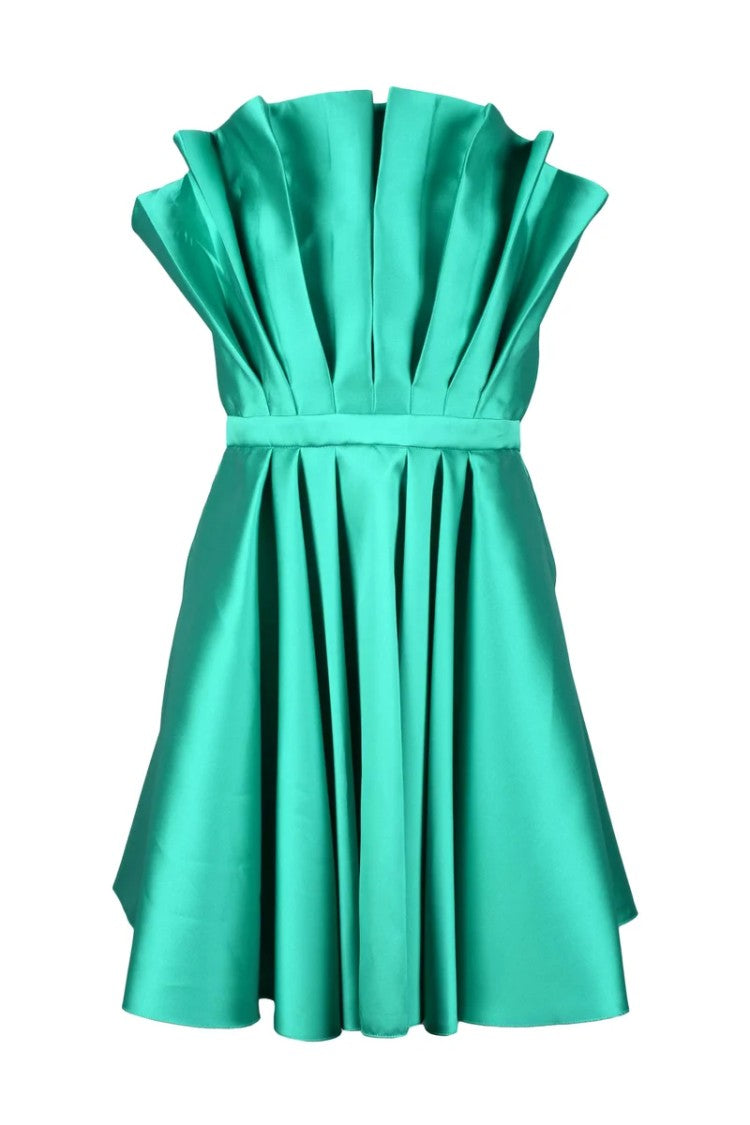 polyester green dress Simona Corsellini Bustier back zipper and button Portia and Scarlett PS25130 Style:Sketch to Dress Consulting Selene Sleeveless