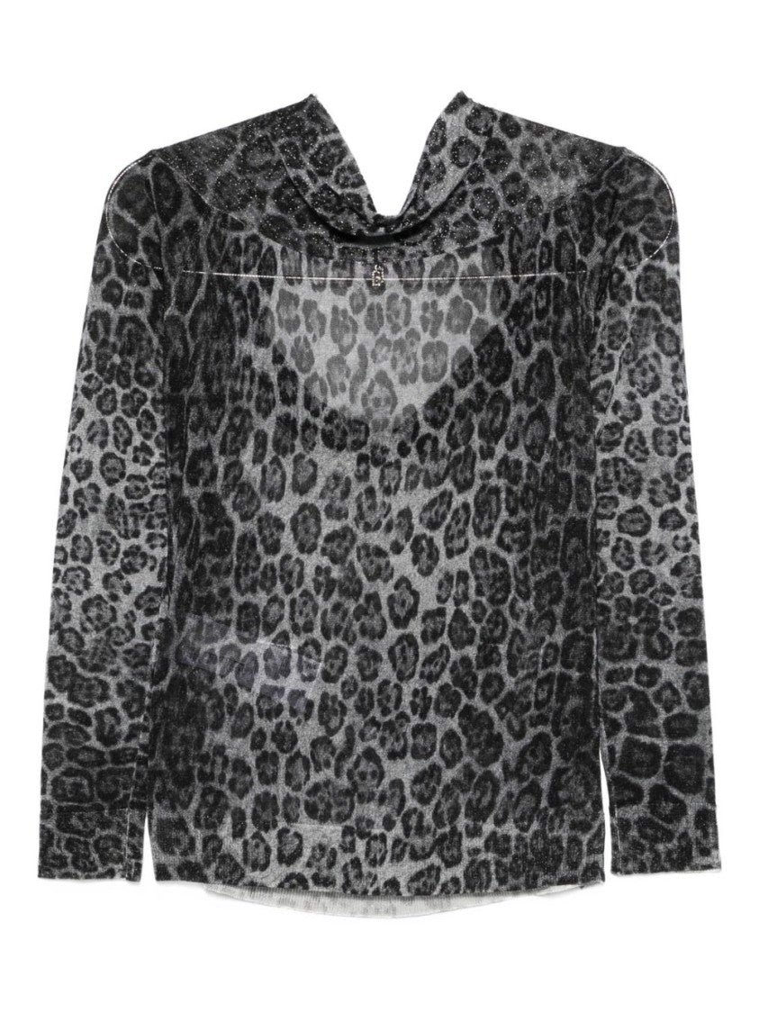 Liu Jo Lightweight Semi-Sheer Grey Sweater With Leopard Print