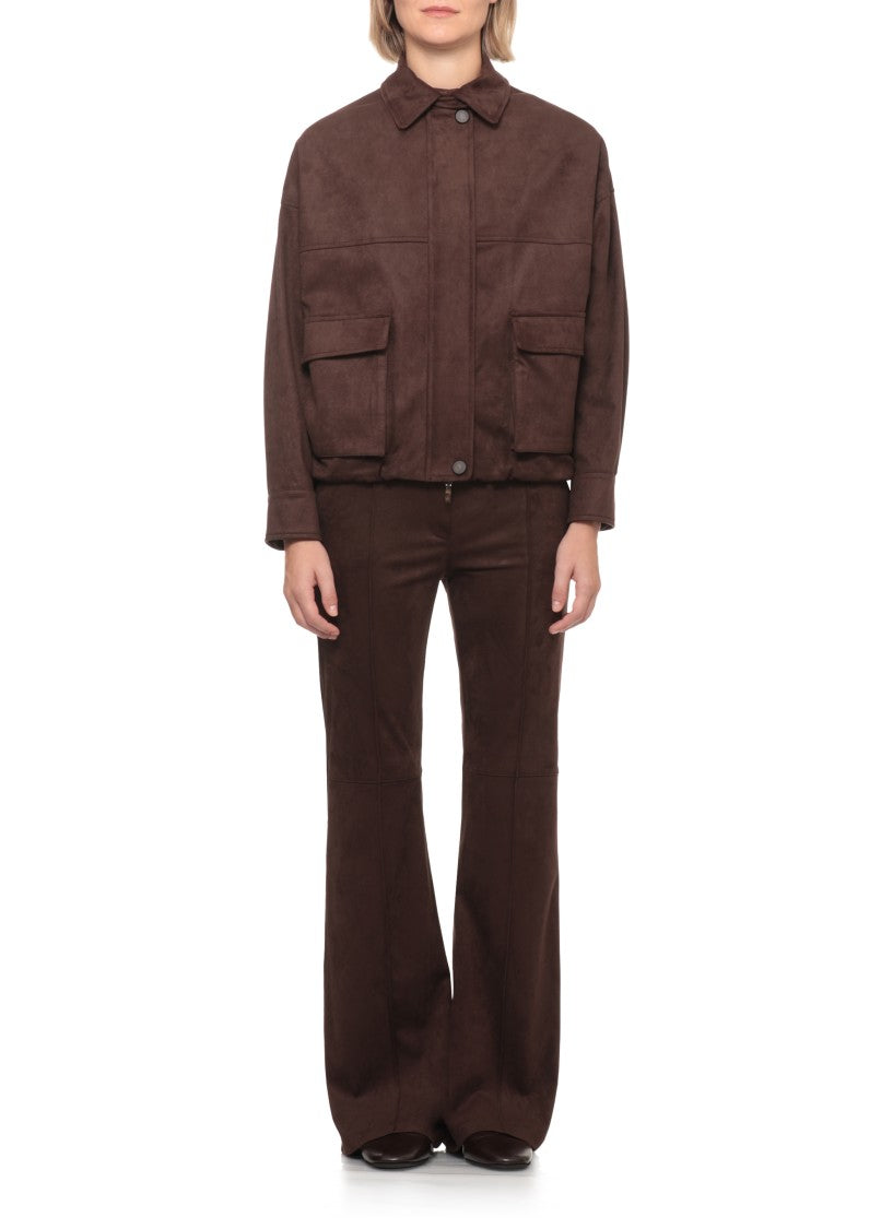 D. Exterior Brown Synthetic Leather Zip Bomber Jacket
