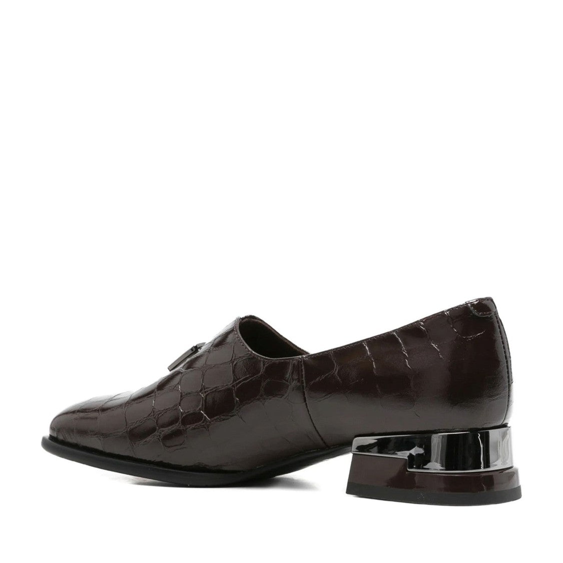 Linda Baumann Brown Crocodile Embossed Buckle Patent Leather Loafers