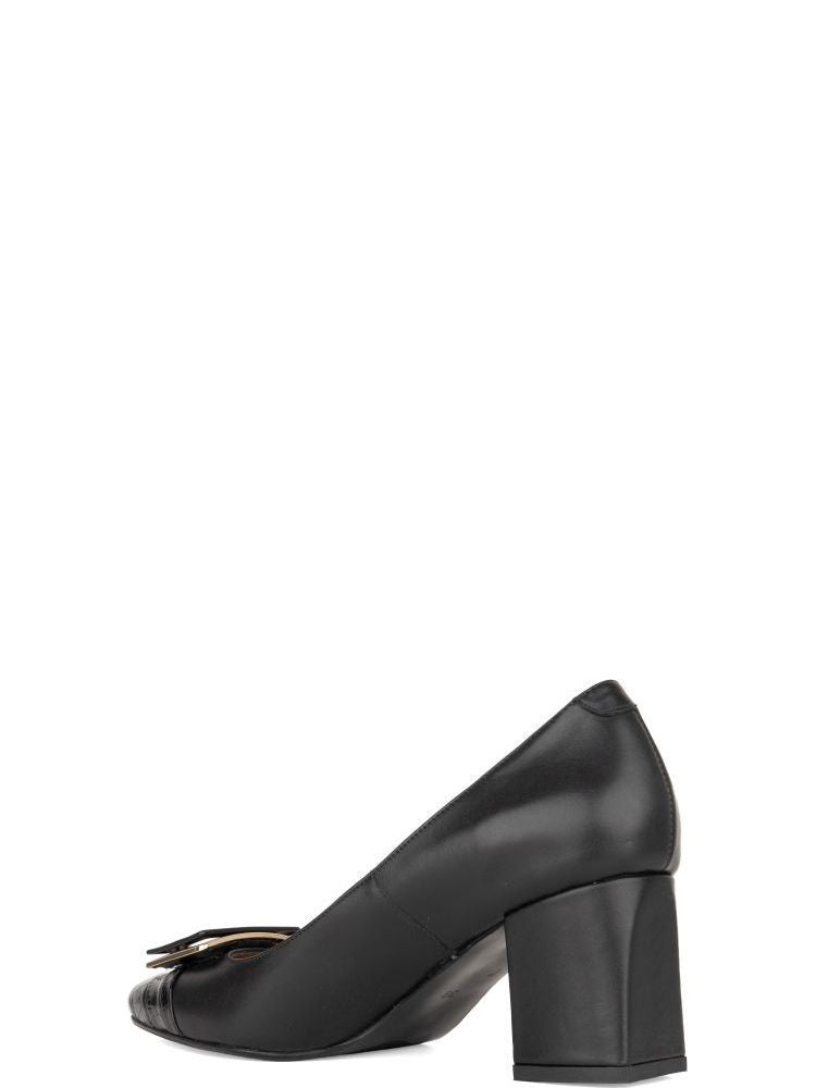 Sergio Moretti Black Croc-Embossed Leather Low-Heel Pumps
