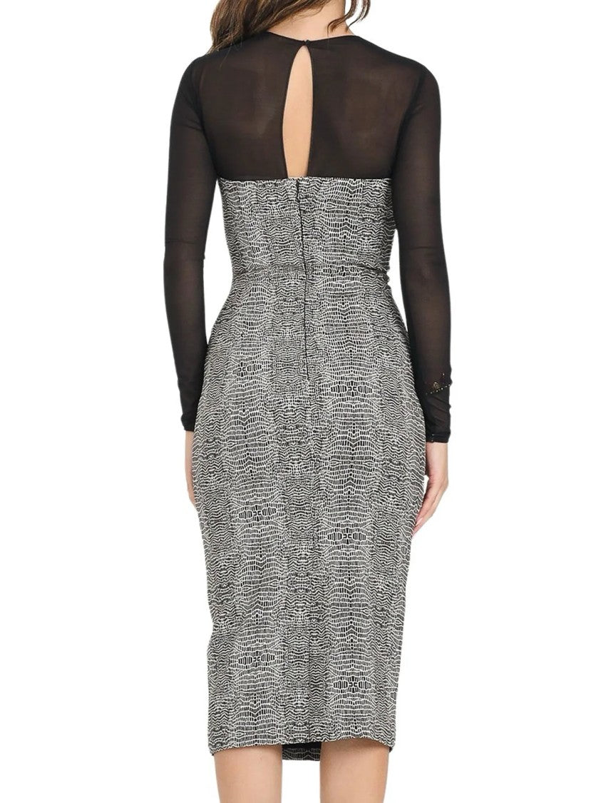 Elisabetta Franchi Fitted Black Sheath Dress With Tulle Upper And Textured Pattern