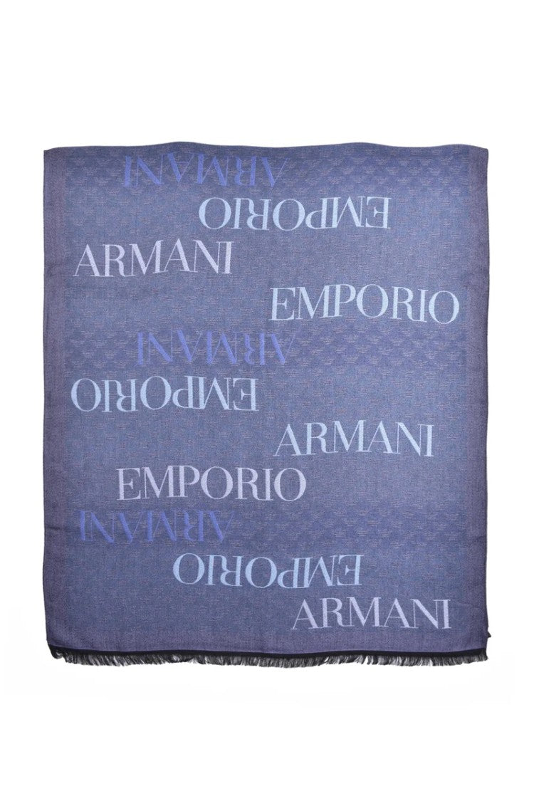 Emporio Armani Rectangular Blue Stole With Logo Print And Delicate Fringe