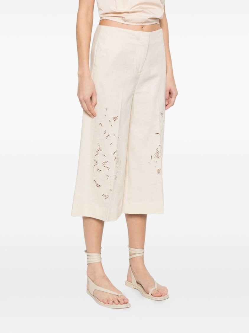 Twin-Set Wide-Leg Cropped Pants With Intricate Floral Embroidery