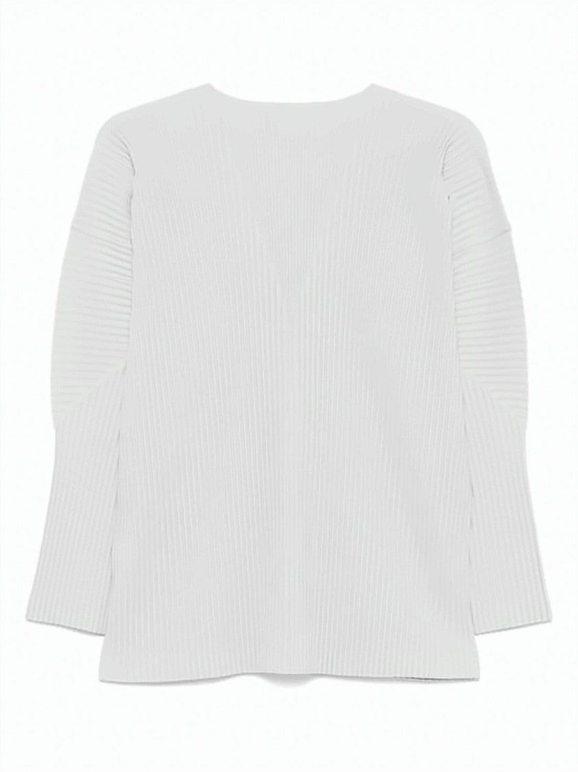 Homme Plissé Issey Miyake Finely Pleated White Cardigan With V-Neckline