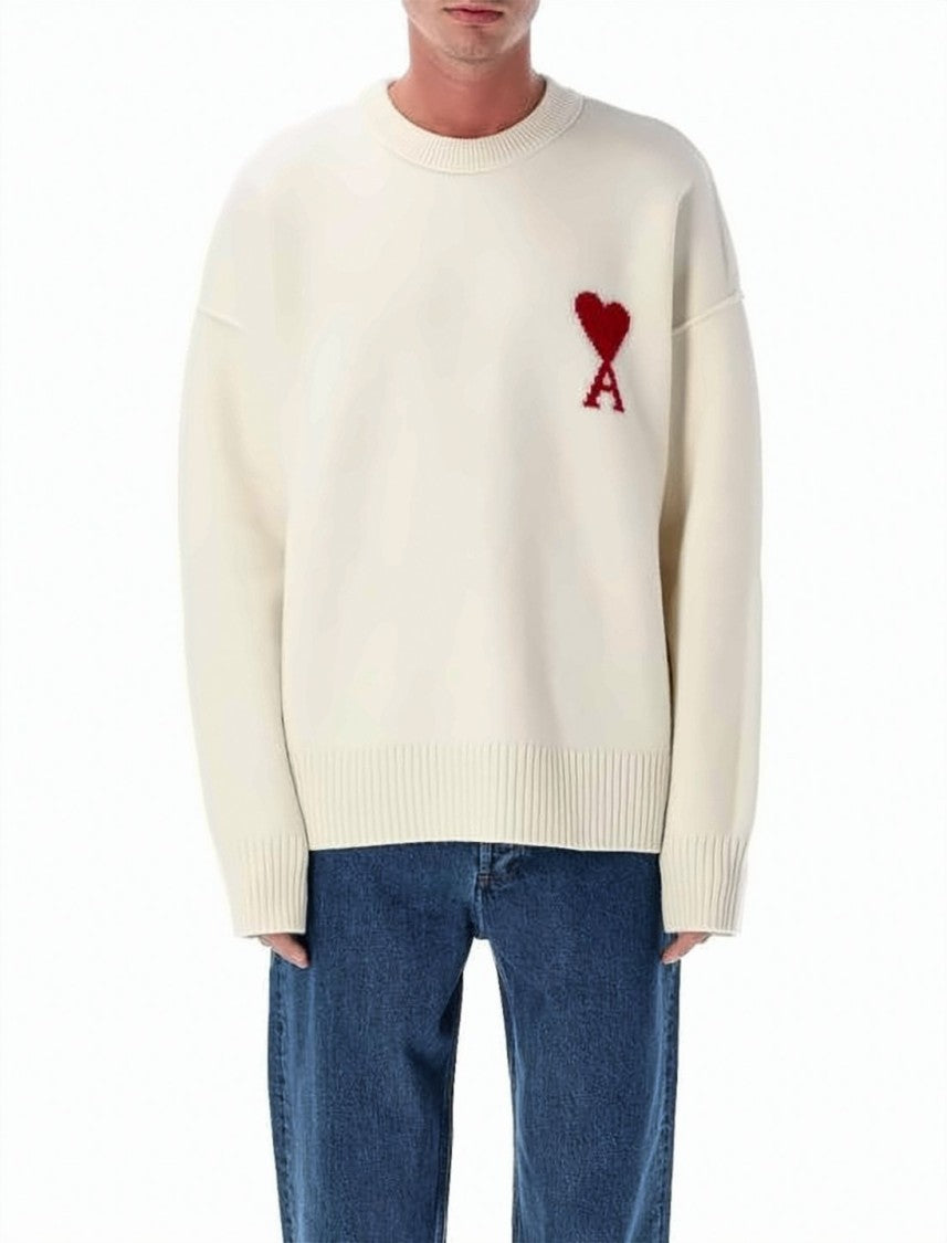 Ami Paris Off-White Wool Crewneck Sweater With Red Heart Emblem