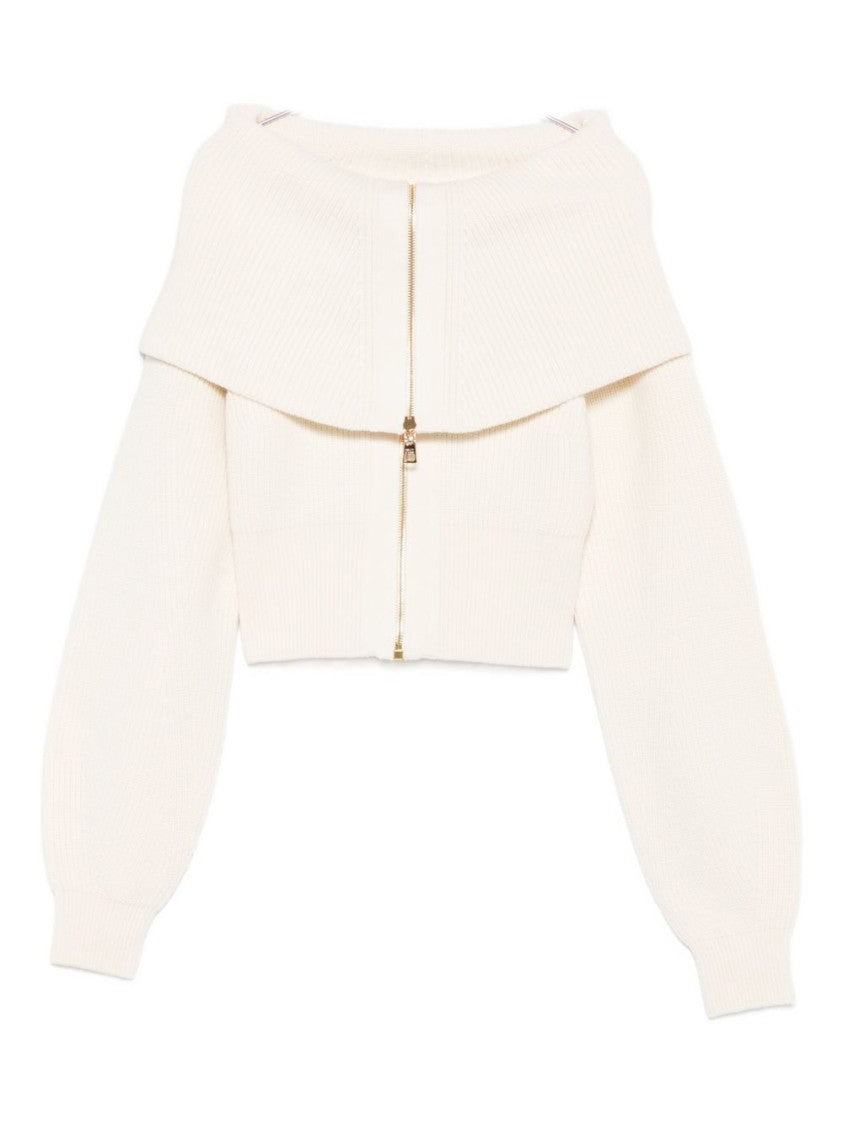 Elisabetta Franchi Cropped White Sweater With Fold-Over Collar