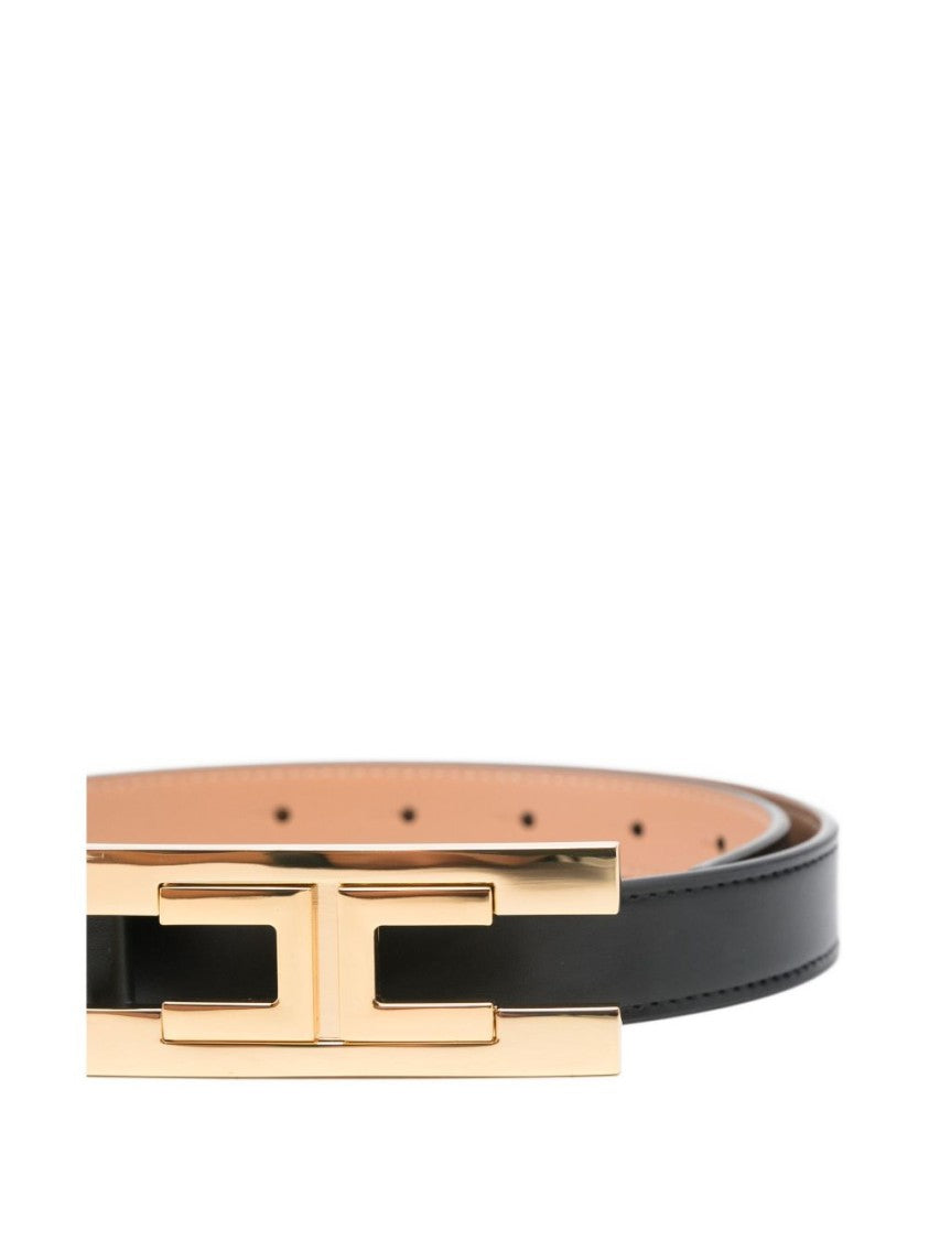 Elisabetta Franchi Slim Black Belt With Gold-Tone 'H' Buckle