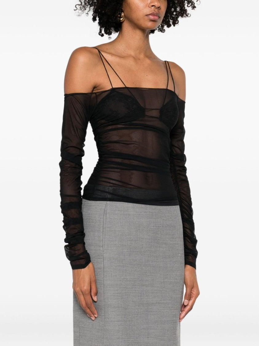 Amazuin Semi-Transparent Off-The-Shoulder Top With Ruched Detailing