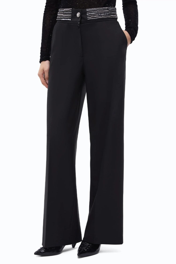 Pinko Black Embellished Waistband Wide-Leg Viscose Pants