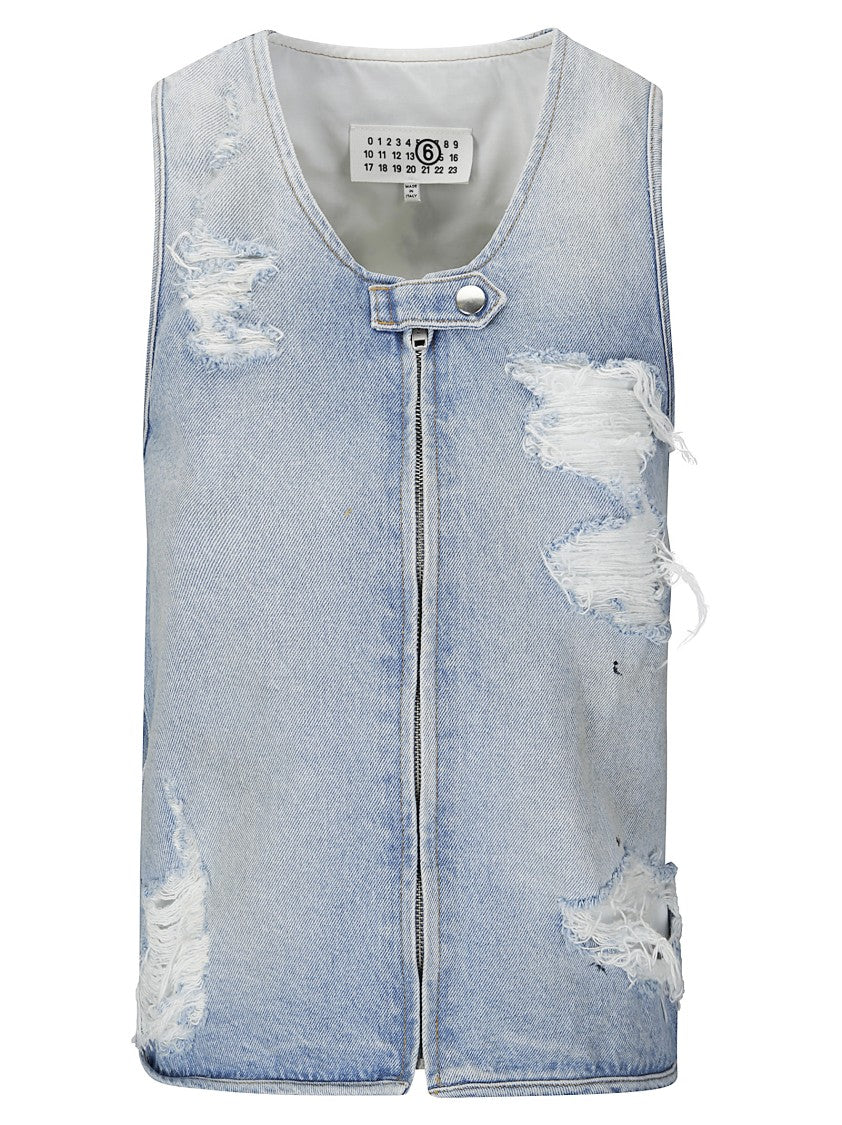 Mm6 By Maison Margiela Sleeveless Front-Zip Top In Distressed Denim