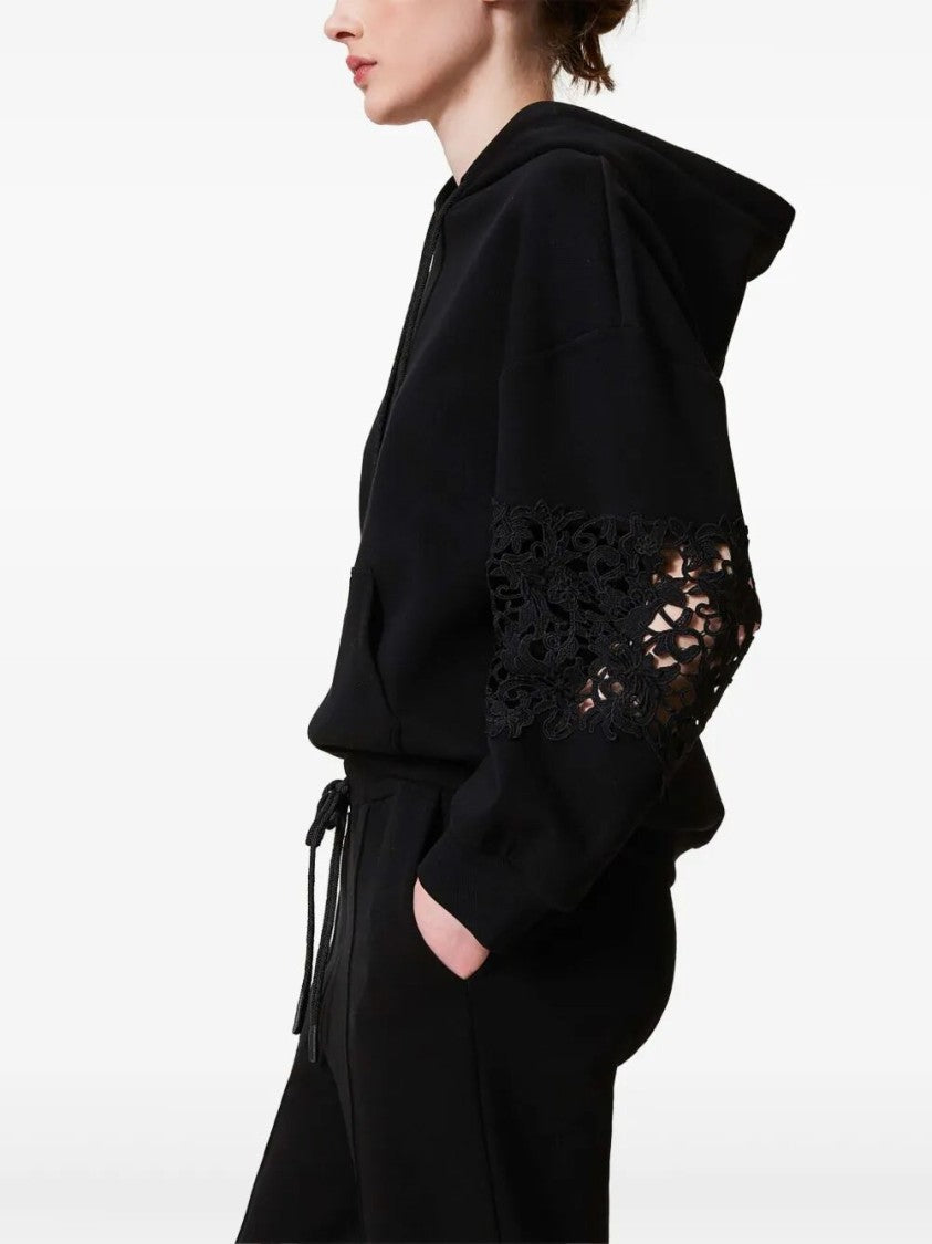 Twin-Set Black Relaxed-Fit Hoodie With Intricate Lace Detailing