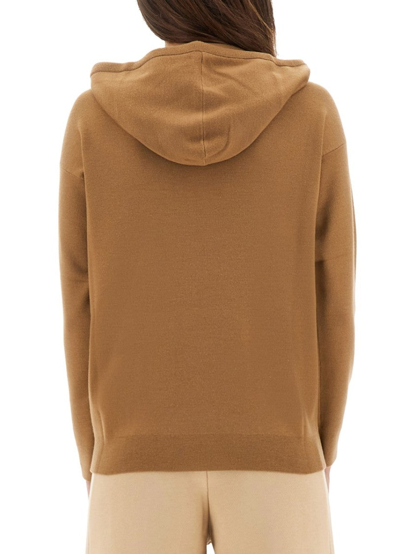 Max Mara Hooded Sweater In Camel Virgin Wool With Textured Logo